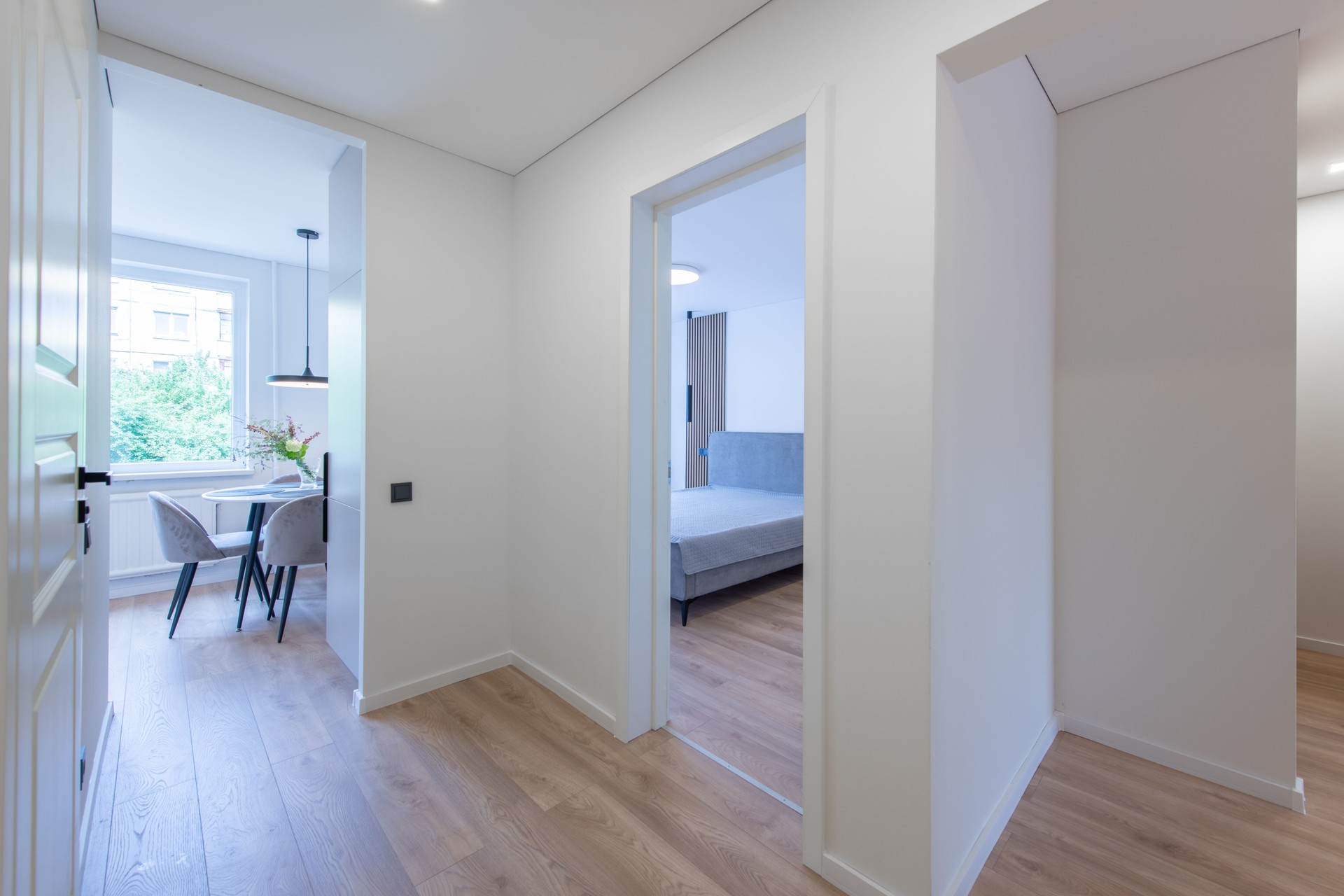 Home Entrance Hall, Hallway Interior, Brown Flooring. Minimalism. LED Light. Open Doors to Bedroom, Kitchen and Living Room